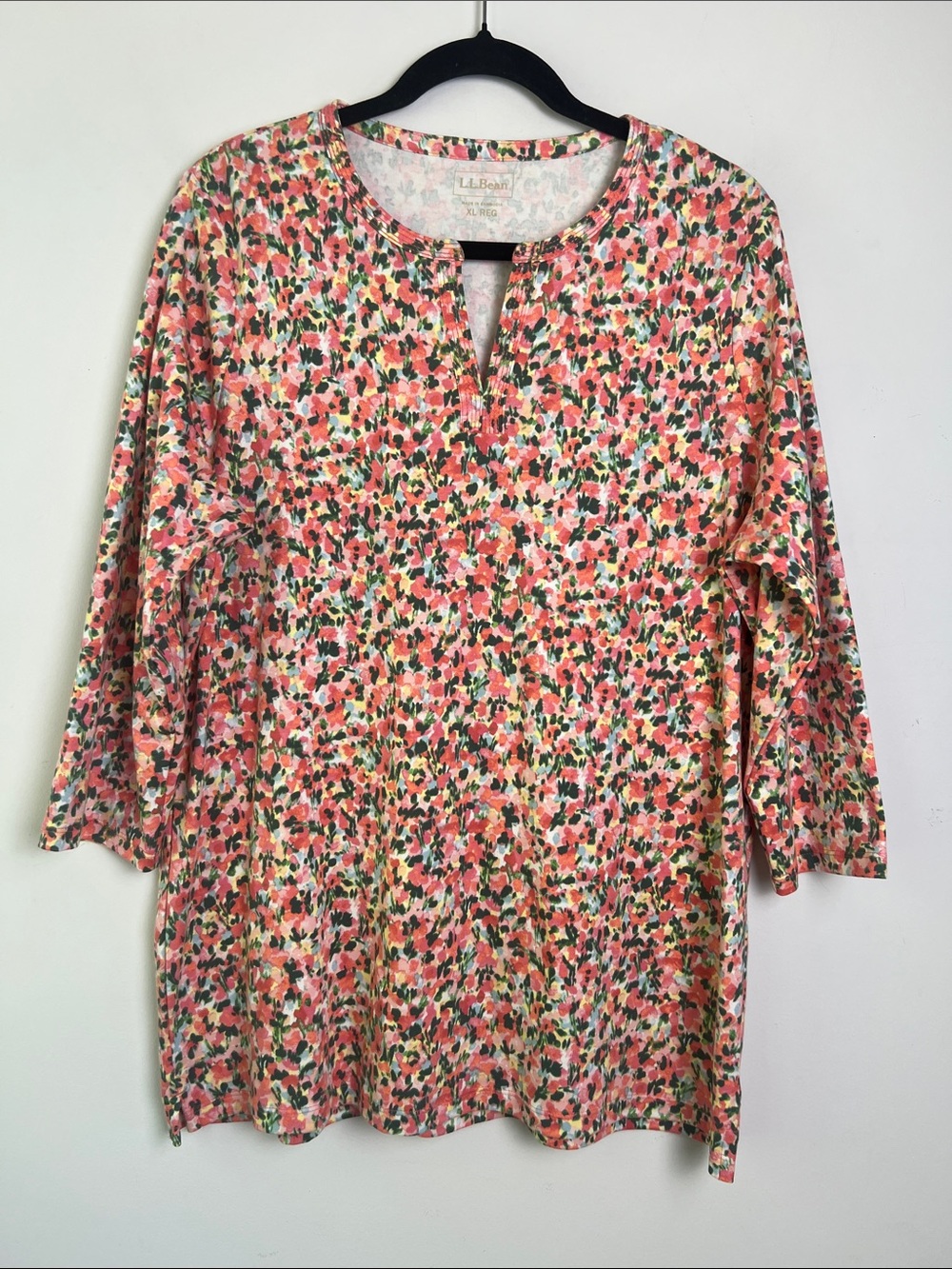 L.L. Bean Women's XL Split Neck 3/4 Sleeve Bright Floral Pattern 100% Cotton Top